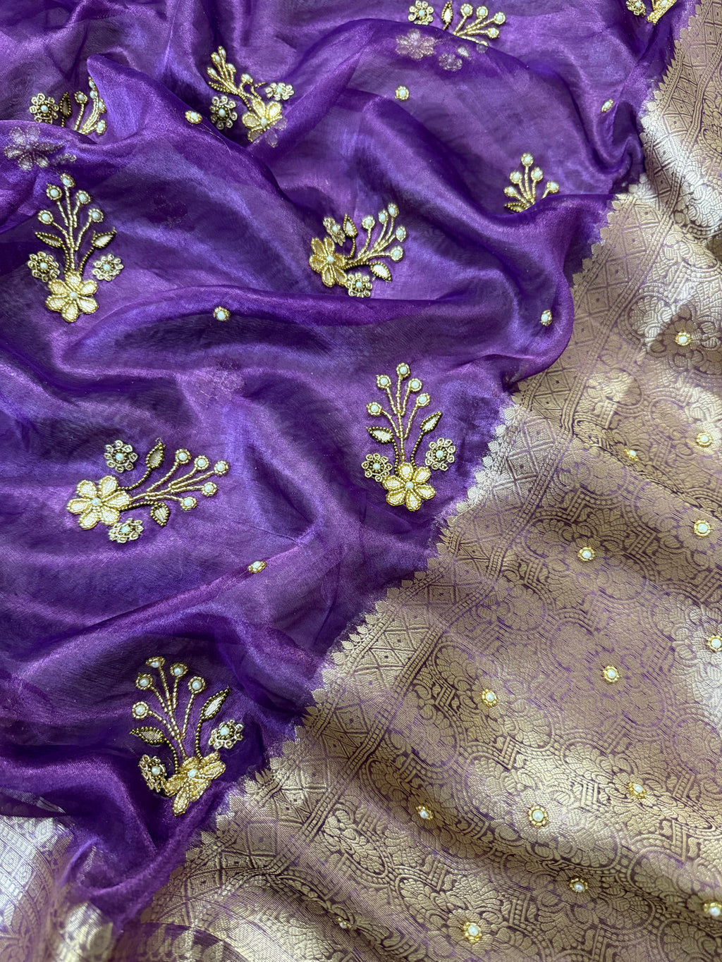 Purple Pure Banarasi Tissue Saree with Hand Work on all over Body with Intricate Border and Pallu Design Along with Gotta Patti Lace Work