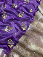 Purple Pure Banarasi Tissue Saree with Hand Work on all over Body with Intricate Border and Pallu Design Along with Gotta Patti Lace Work