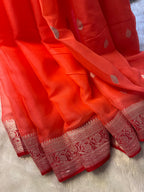 Bright Peach & Red Pure Khaddi Chiffon Silk Banarasi Saree