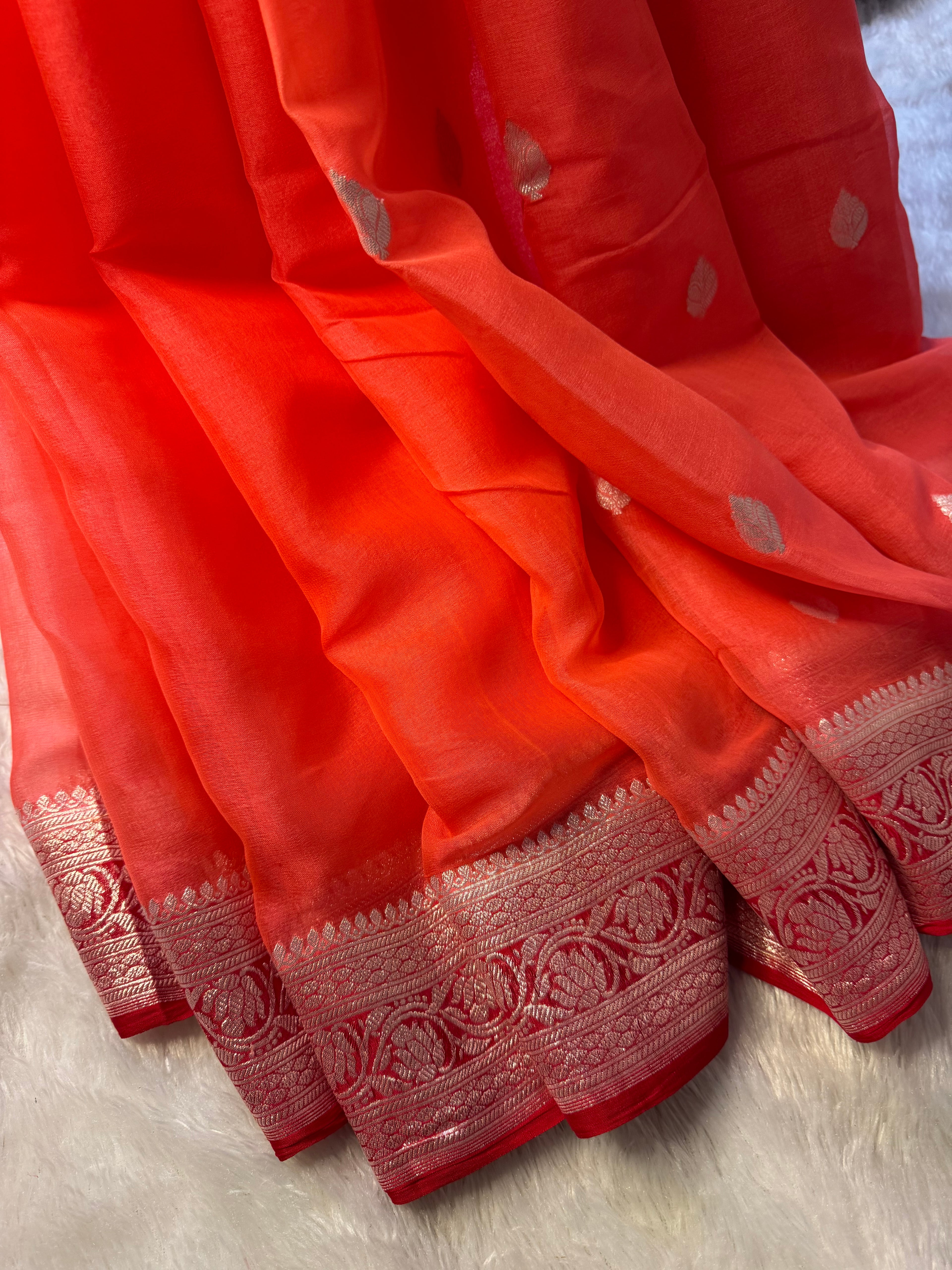 Bright Peach & Red Pure Khaddi Chiffon Silk Banarasi Saree