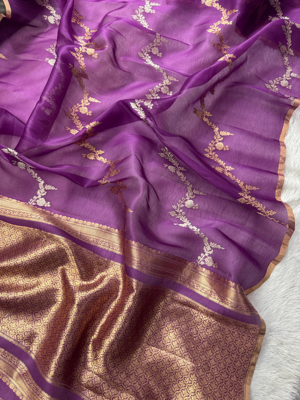 Magenta Pure Kora Organza Silk Banarasi Saree Sona & Roopa Stripe