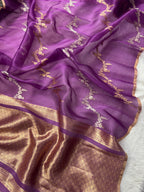 Magenta Pure Kora Organza Silk Banarasi Saree Sona & Roopa Stripe