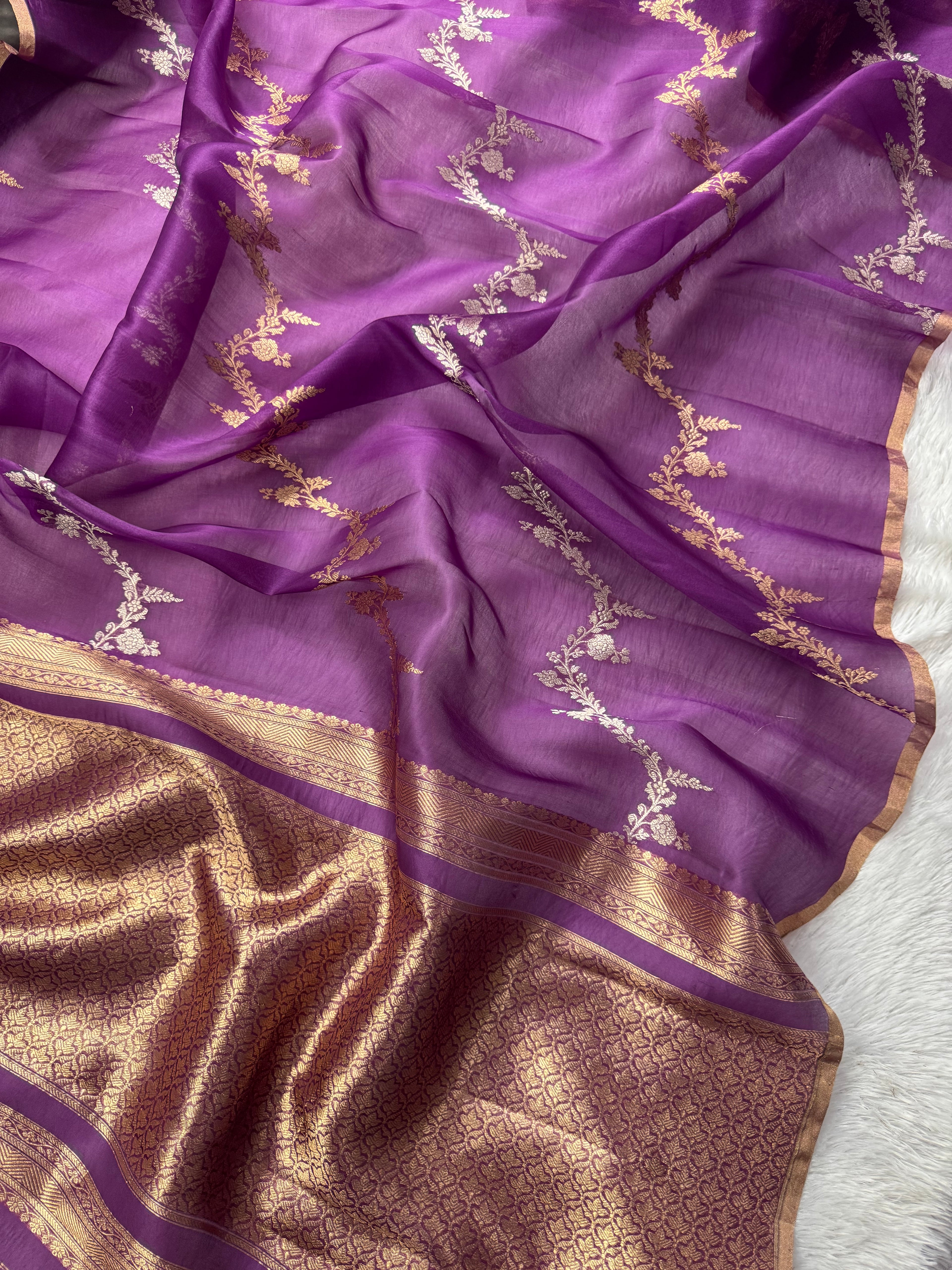 Magenta Pure Kora Organza Silk Banarasi Saree Sona & Roopa Stripe
