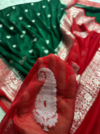 Green & Red Pure Khaddi Chiffon Silk Banarasi Saree
