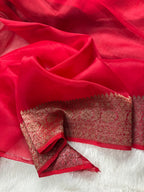 Red Pure Kora Organza Silk Banarasi Saree