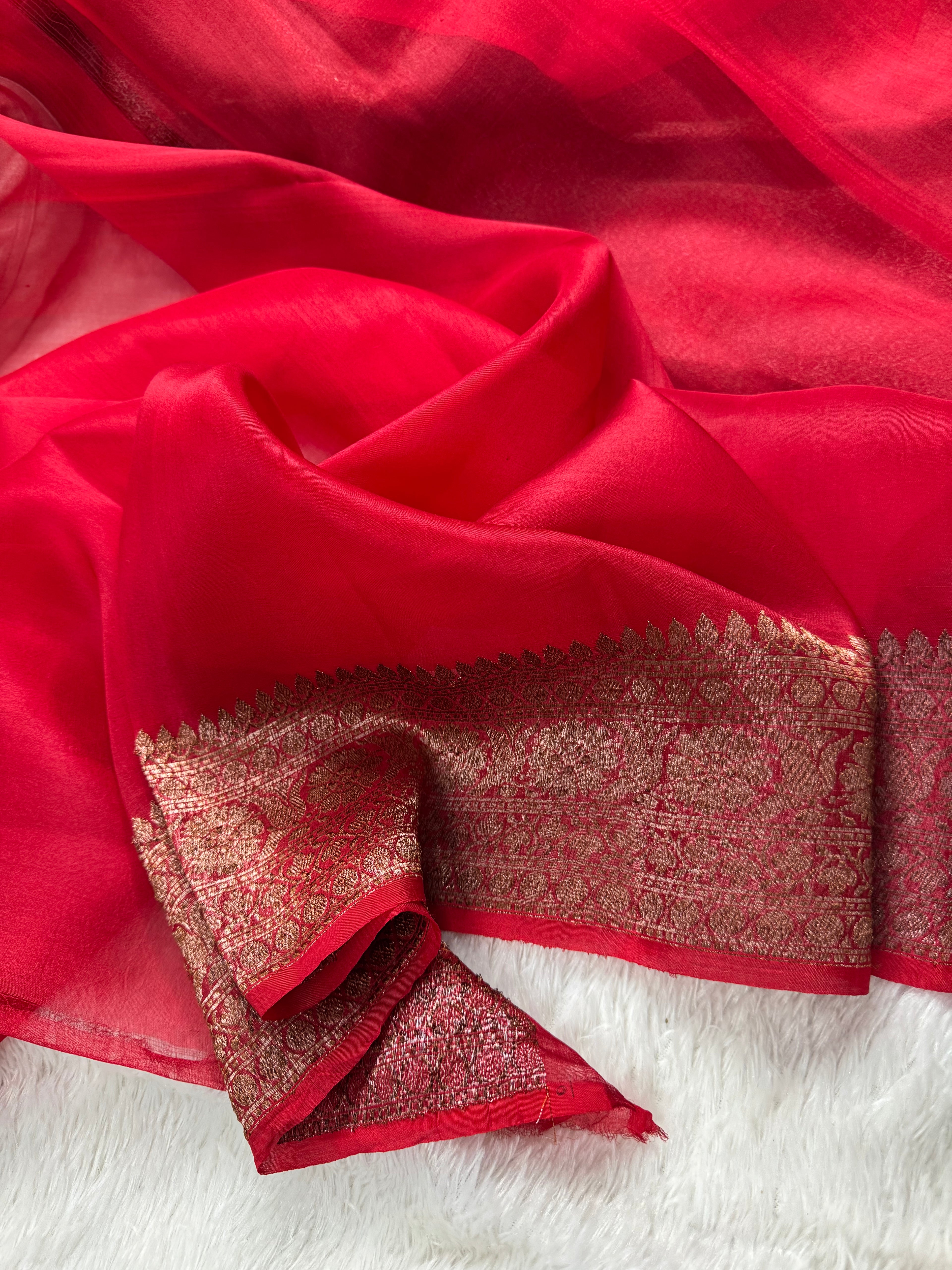 Red Pure Kora Organza Silk Banarasi Saree