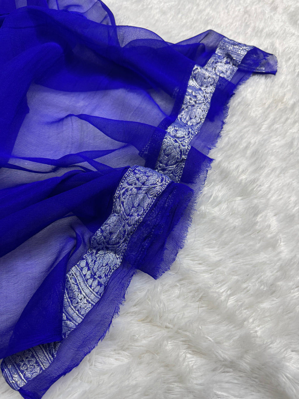 Royal Blue & Parrot Green Pure Khaddi Chiffon Silk Banarasi Saree