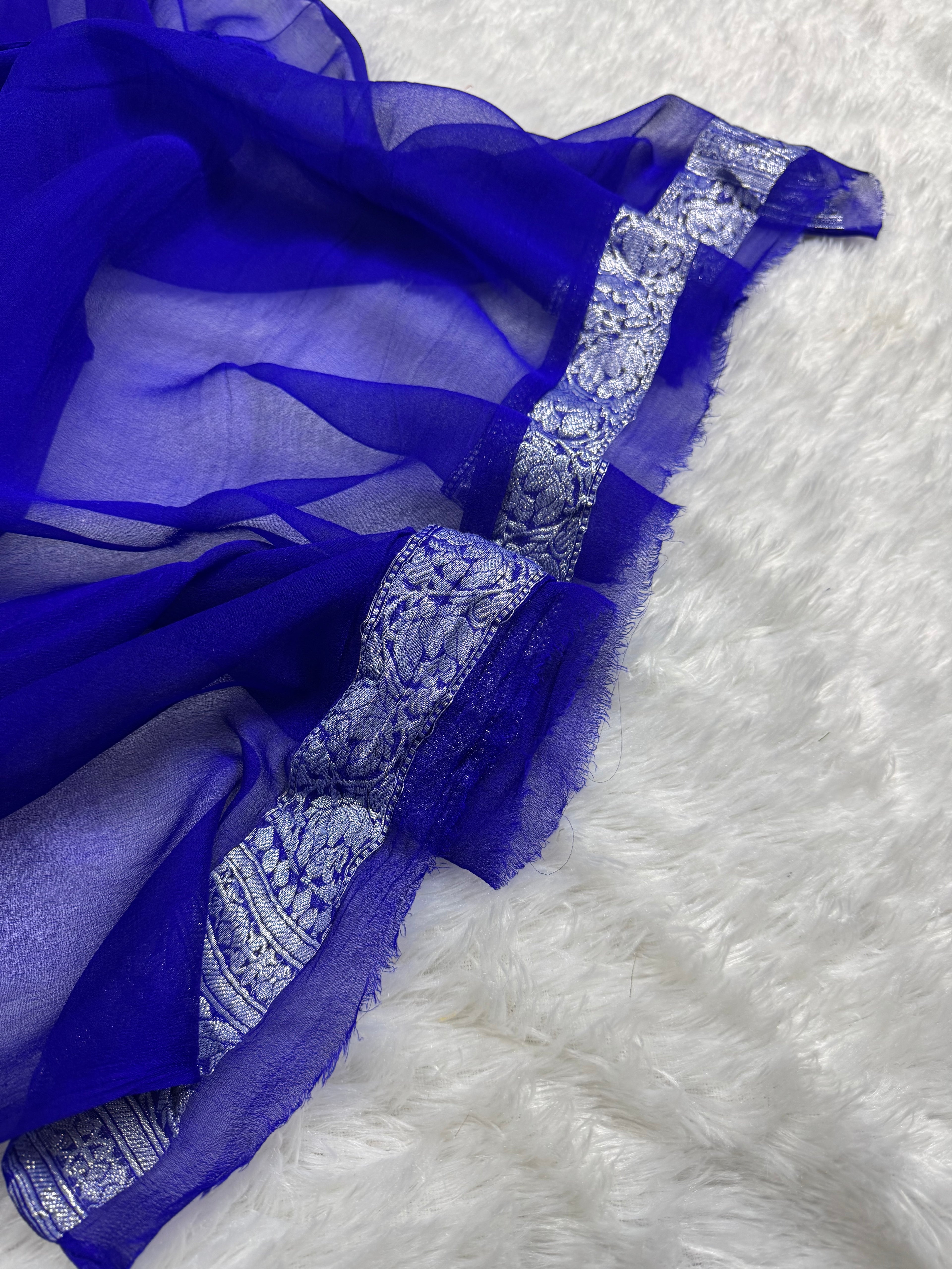 Royal Blue & Parrot Green Pure Khaddi Chiffon Silk Banarasi Saree