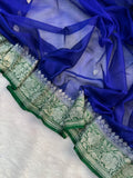 Royal Blue & Green Pure Khaddi Chiffon Silk Banarasi Saree