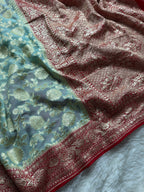 Pastels & Red Pure Khaddi Georgette Silk Banarasi Saree