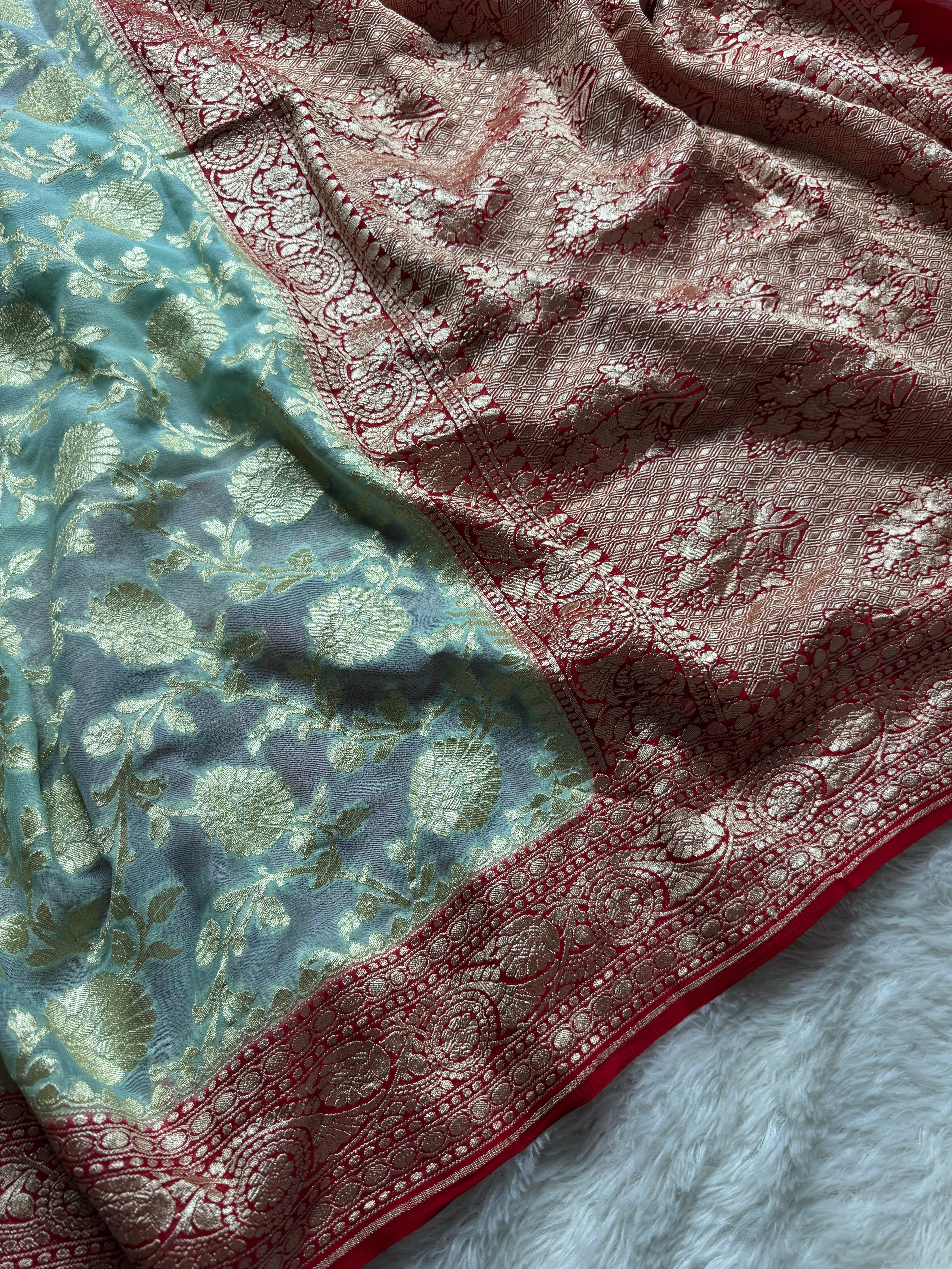 Pastels & Red Pure Khaddi Georgette Silk Banarasi Saree