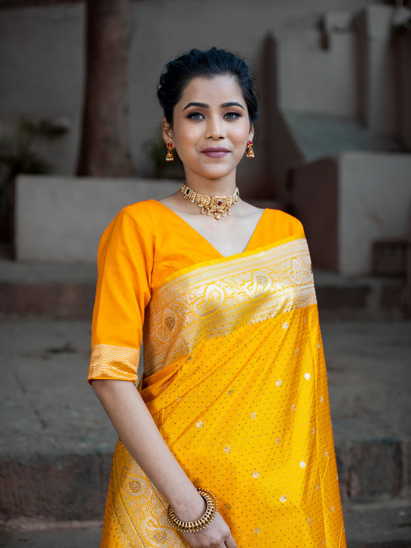 Yellow Gold Swarovski Intricate Stone Work Banarasi Mashru Silk Saree