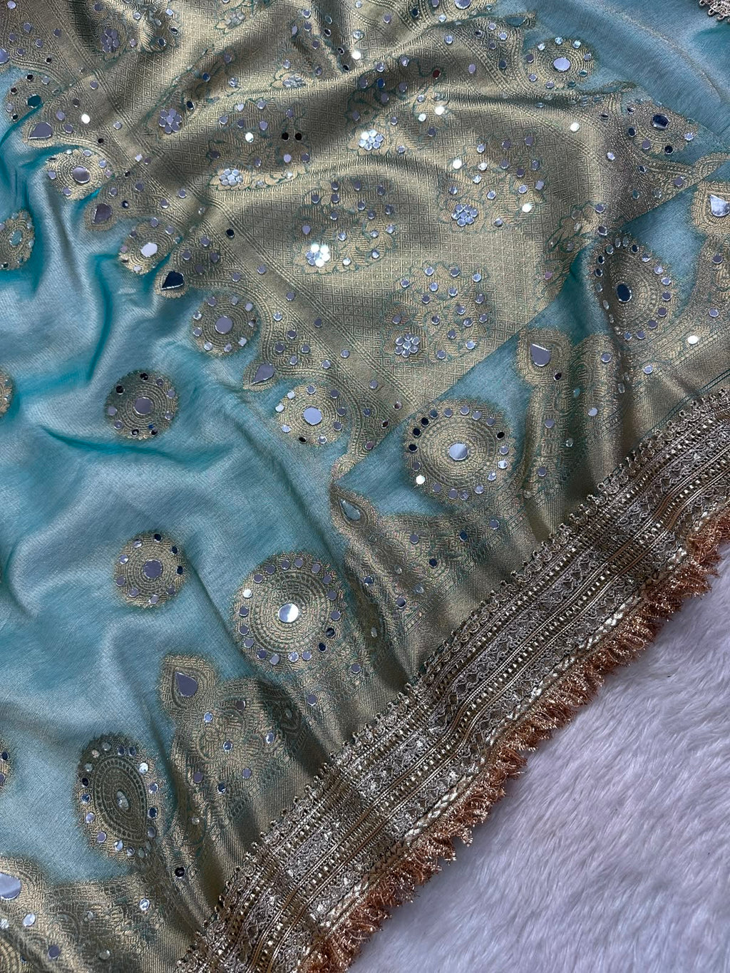 Light Sea Green Tissue Silk Saree With Mirror Work & Designer Lace Border