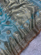 Light Sea Green Tissue Silk Saree With Mirror Work & Designer Lace Border