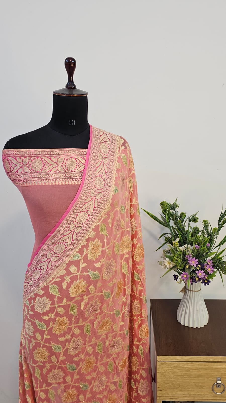 Mauve Pink Handbrush Meenakari Pure Khaddi Georgette Silk Banarasi Saree