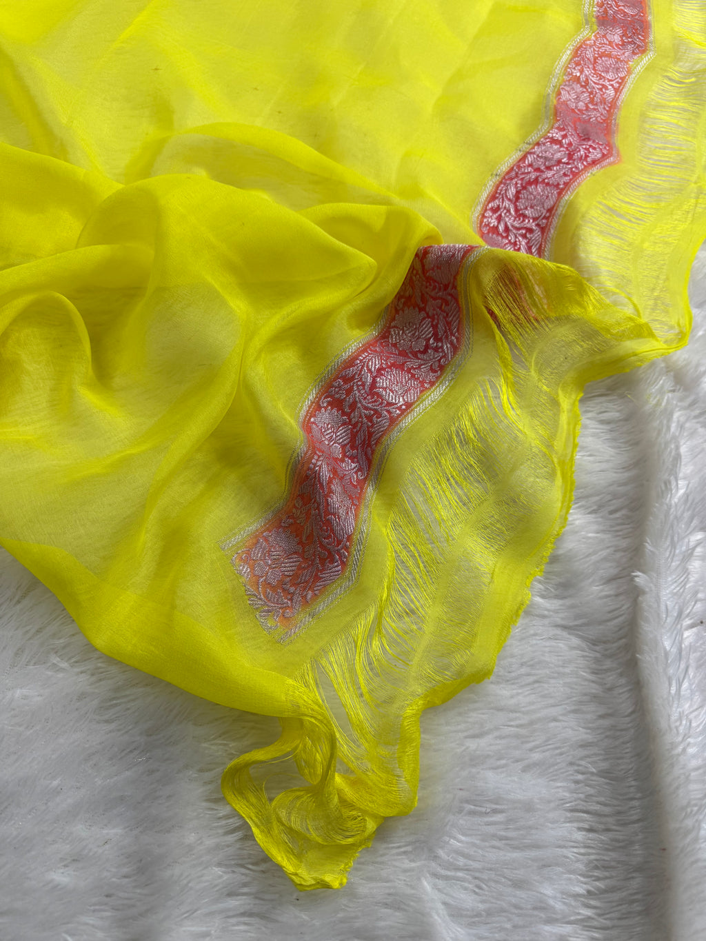 Lemon 3D Pure Khaddi Chiffon Silk Banarasi Saree