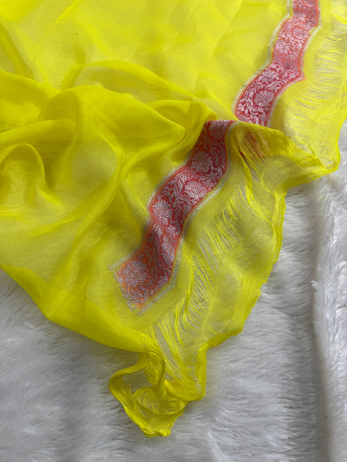 Lemon 3D Pure Khaddi Chiffon Silk Banarasi Saree