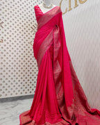 Bright Pink Pure Khaddi Crep Silk Banarasi Saree