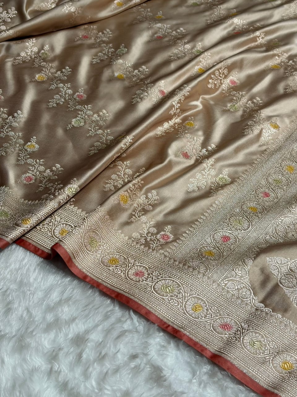 Light Golden Beige Meenakri Mashru Katan Silk Banarasi Saree