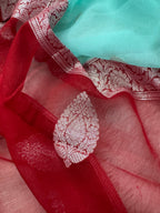 Light Sea Green & Red Pure Khaddi Chiffon Silk Banarasi Saree