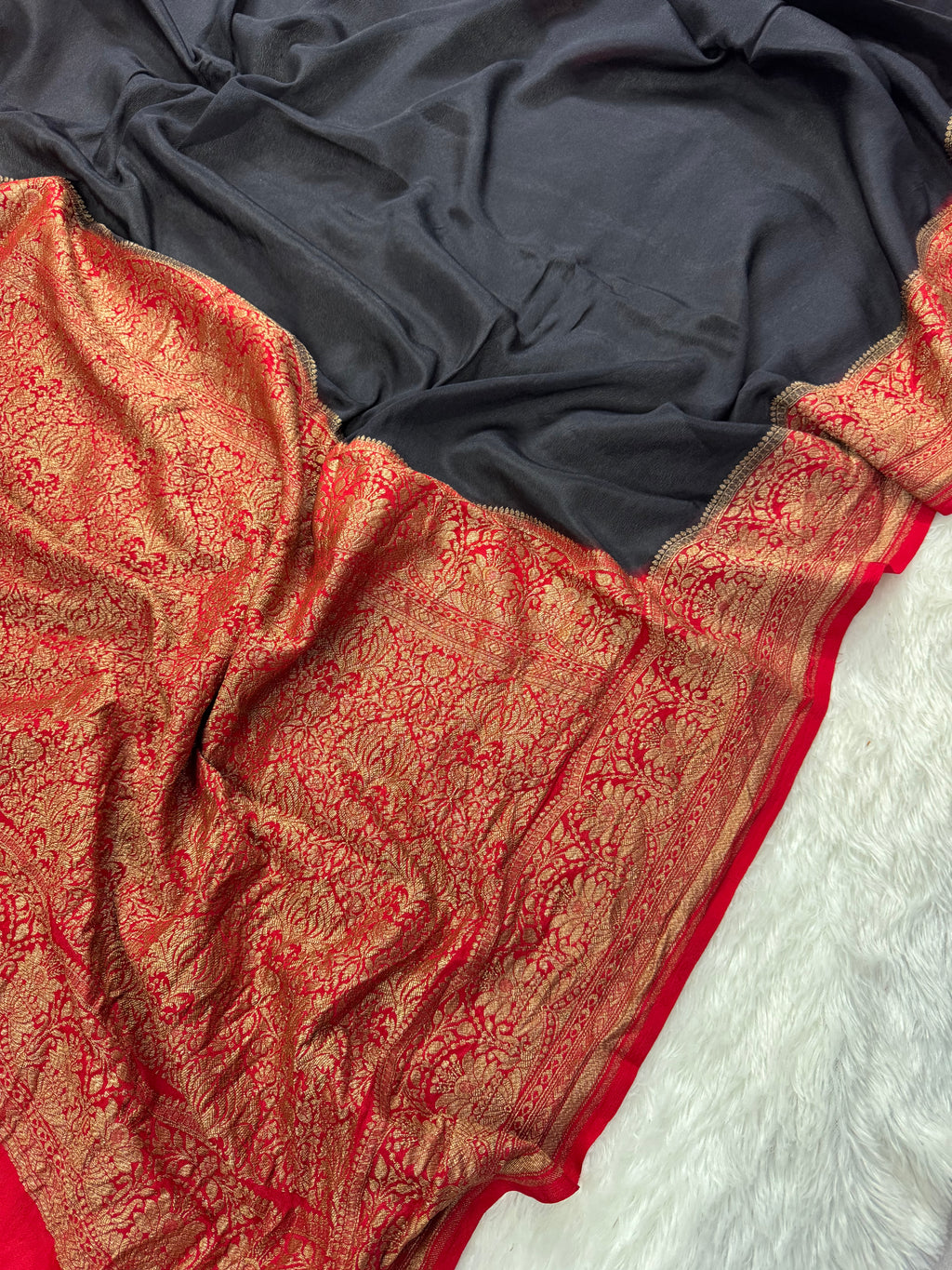 Black & Red Pure Khaddi Crep Silk Banarasi Saree