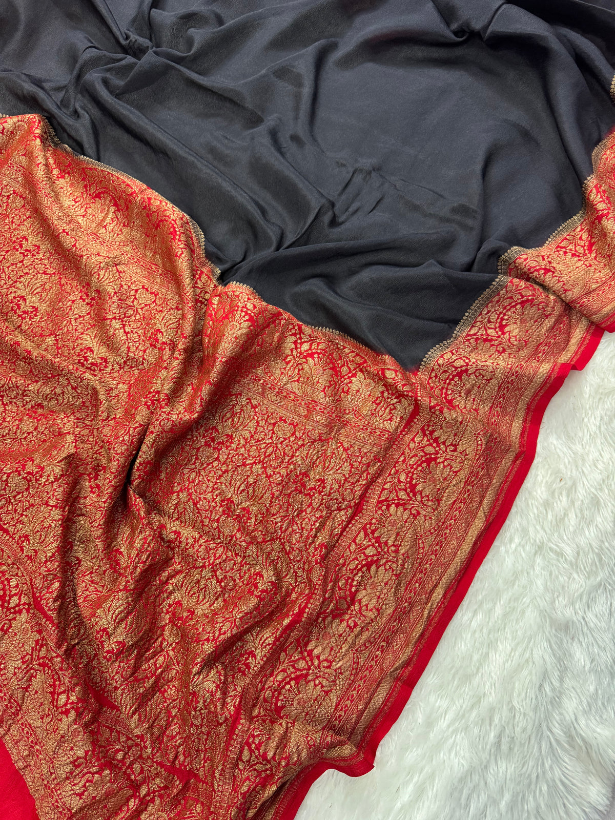 Black & Red Pure Khaddi Crep Silk Banarasi Saree