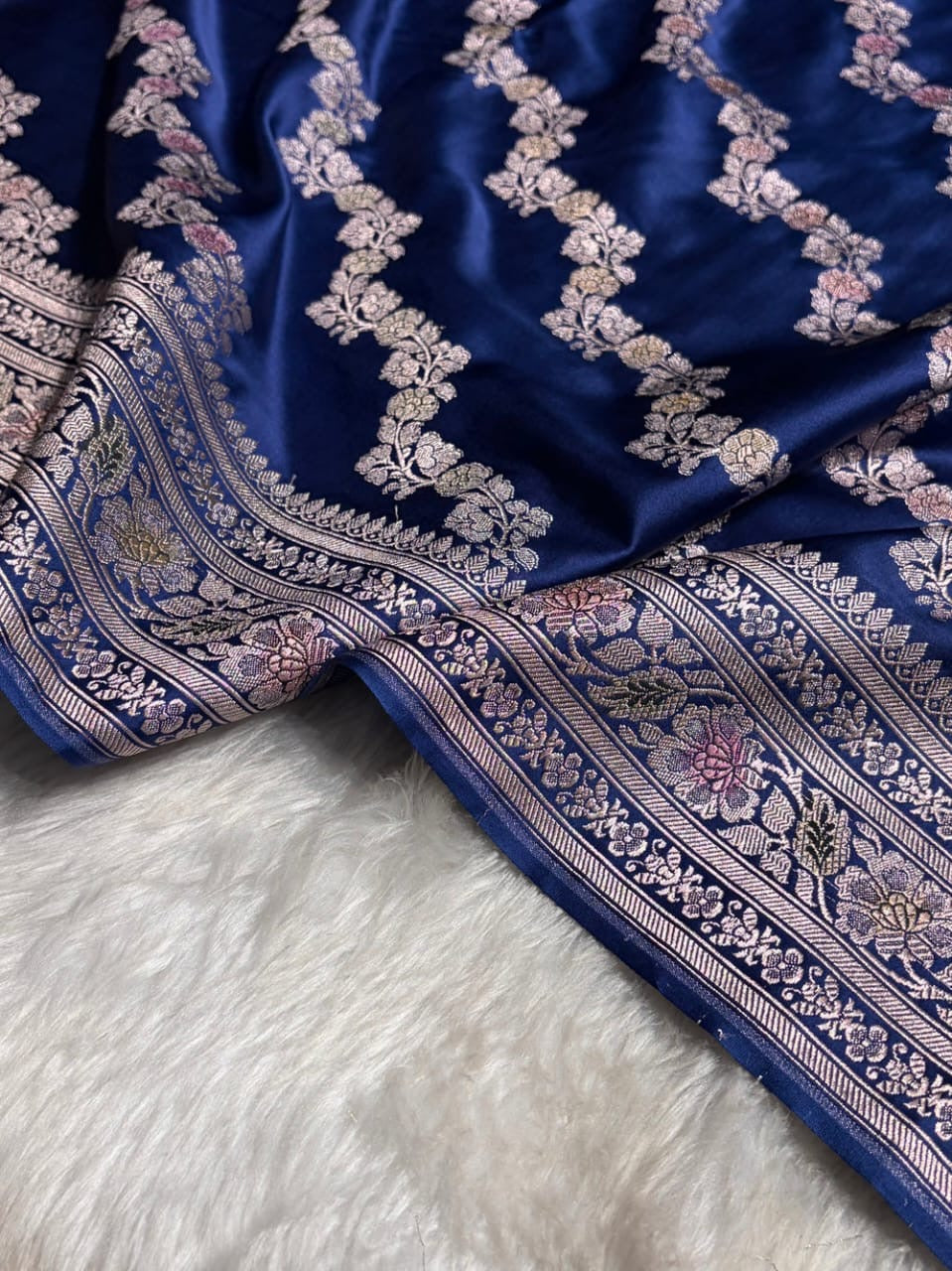 Navy Blue Meenakari Mashru Katan Silk Banarasi Saree