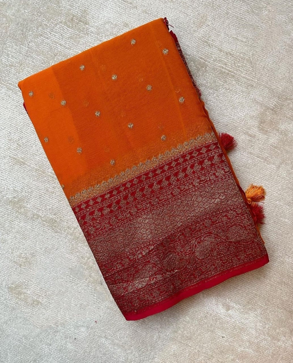 Burnt & Red Pure Khaddi Georgette Silk Banarasi Big Border Dana Saree