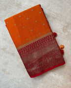 Burnt & Red Pure Khaddi Georgette Silk Banarasi Big Border Dana Saree