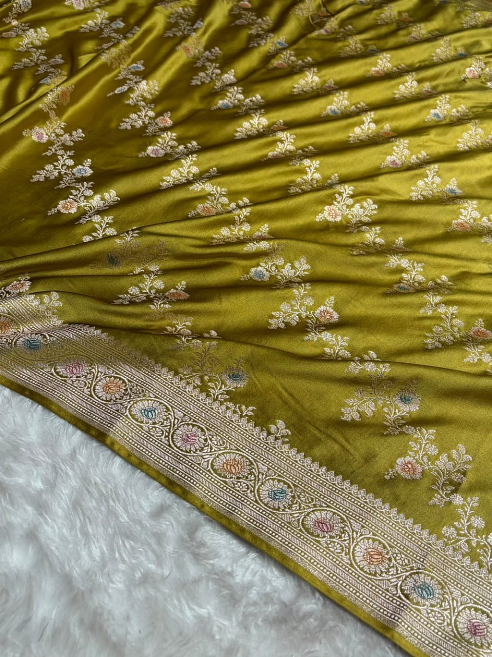 Olive Green Meenakari Mashru Katan Silk Banarasi Saree