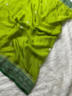 Green & Dark Green Pure Khaddi Chiffon Silk Banarasi Saree