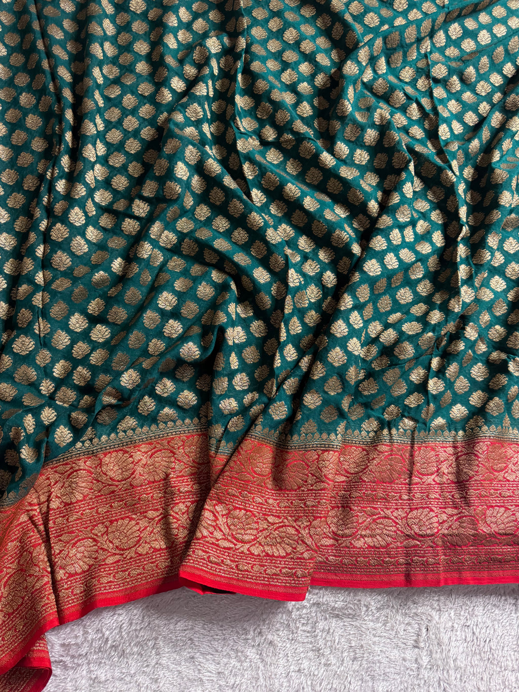 Rama Green & Red Pure Khaddi Georgette Silk Banarasi Saree