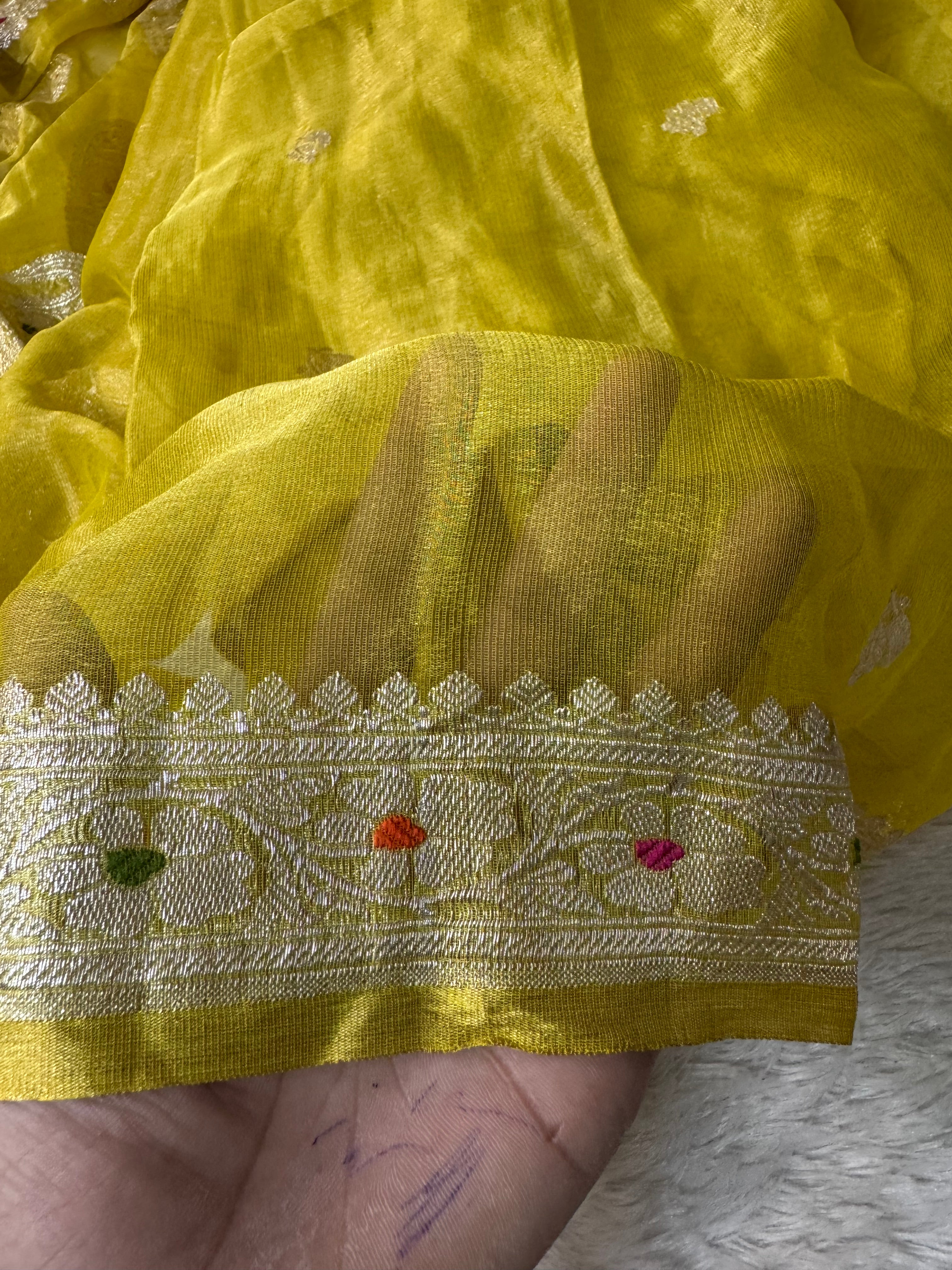 Yellow Pure Khaddi Tissue Chiffon Sona & Roopa Meenakari Banarasi Saree