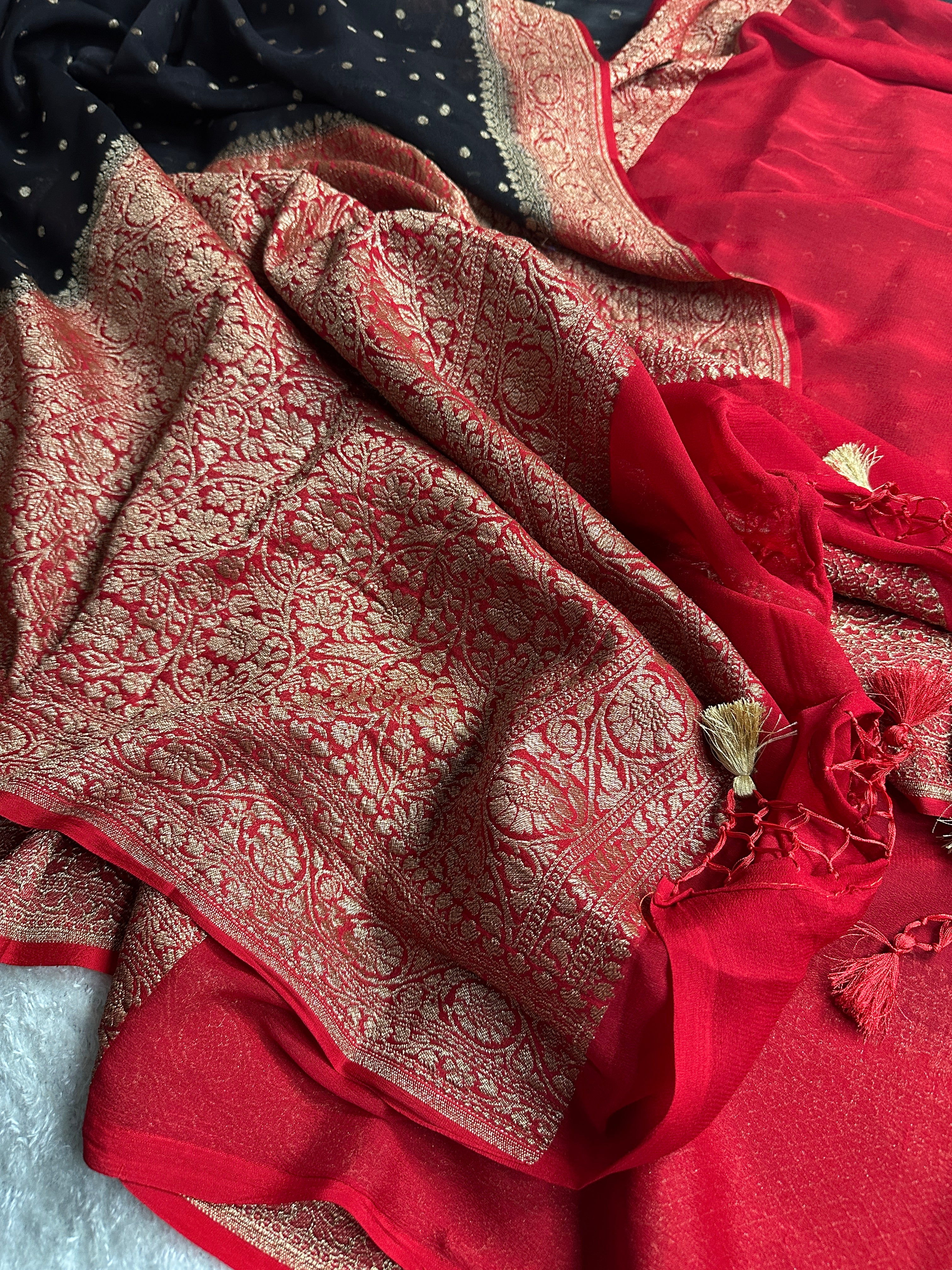 Black & Red Pure Khaddi Georgette Silk Banarasi Saree