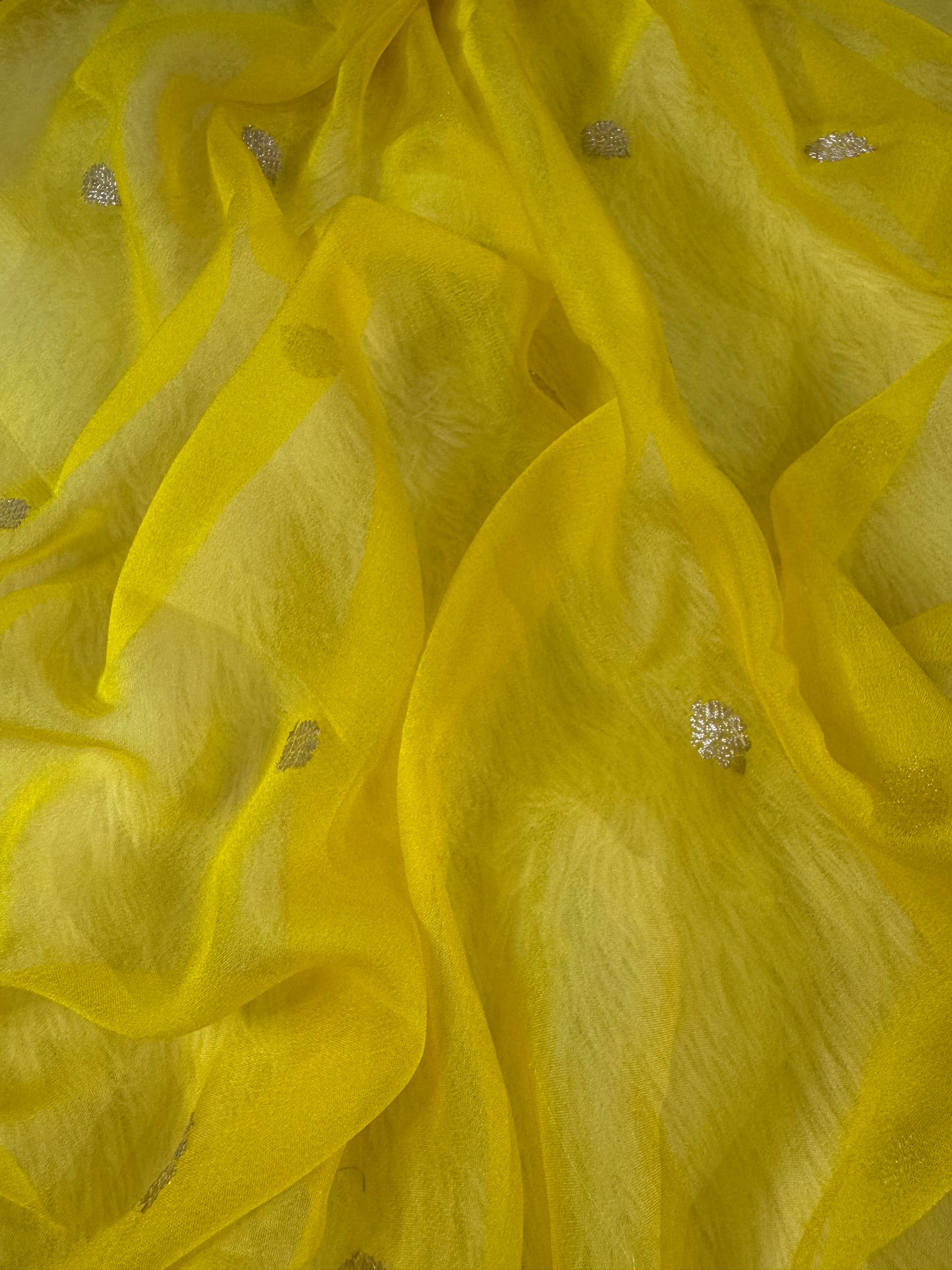 Yellow With Redish Piping Pure Khaddi Chiffon Silk Banarasi Saree