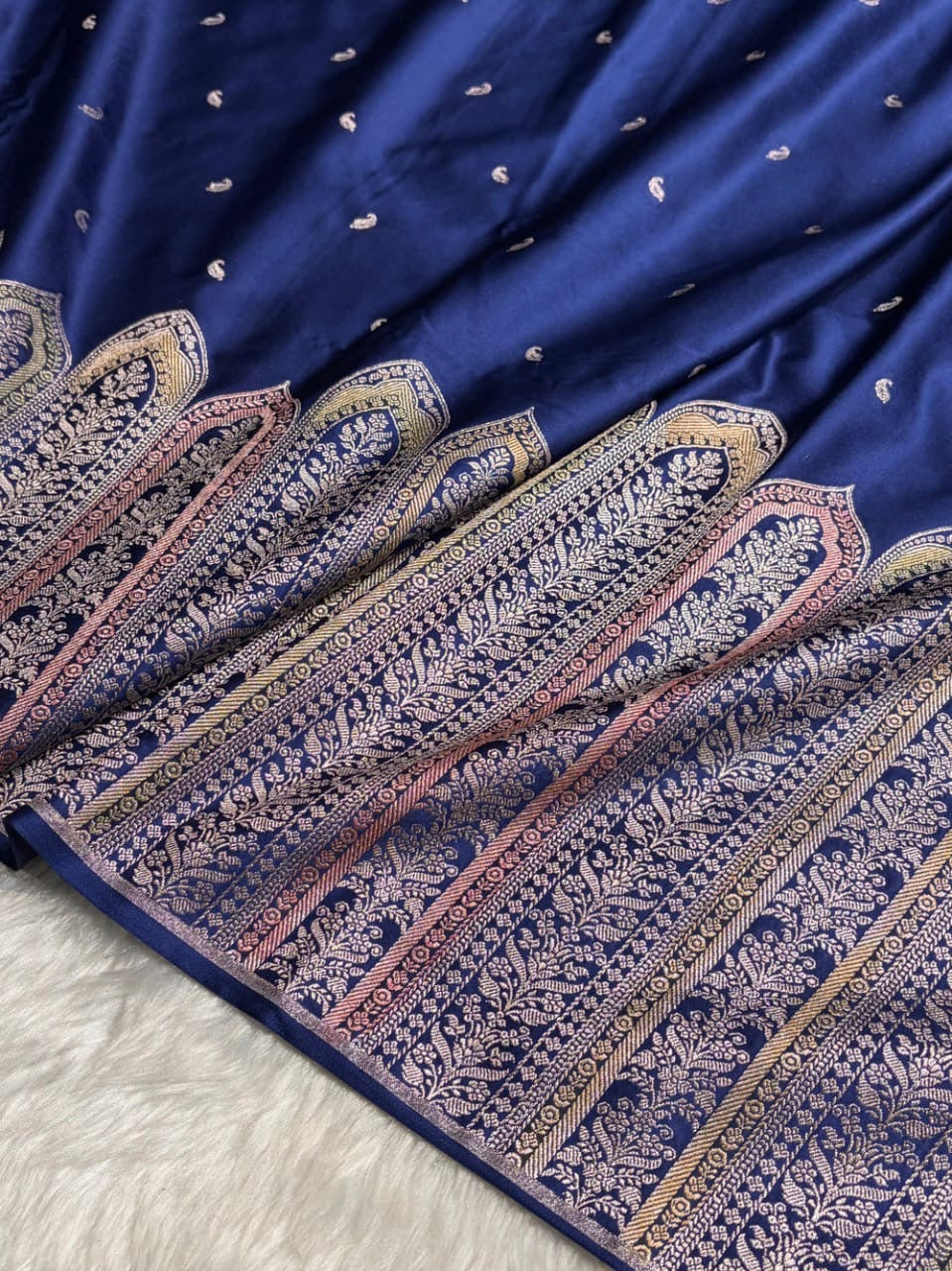 Navy Blue Meenakri Mashru Katan Silk Banarasi Saree