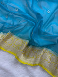 Bright Turquoise & Lemon Pure Khaddi Chiffon Silk Banarasi Saree