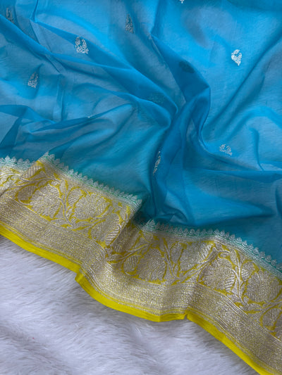 Bright Turquoise & Lemon Pure Khaddi Chiffon Silk Banarasi Saree