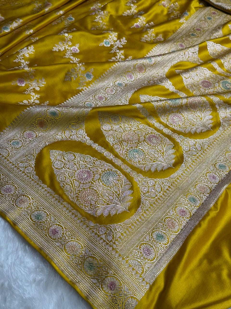 Mustard Yellow Meenakari Mashru Katan Silk Banarasi Saree