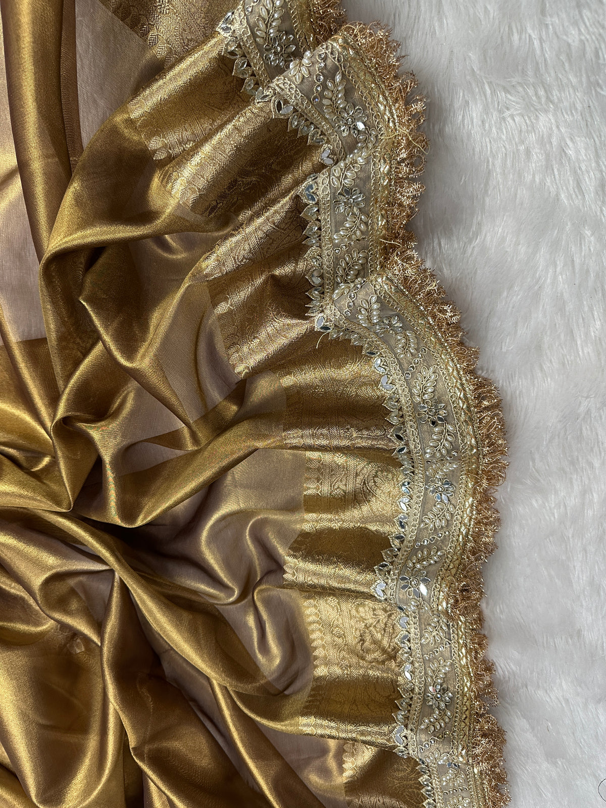 Champagne Gold Beautiful Mirror Lace Border Tissue Silk Banarasi Saree