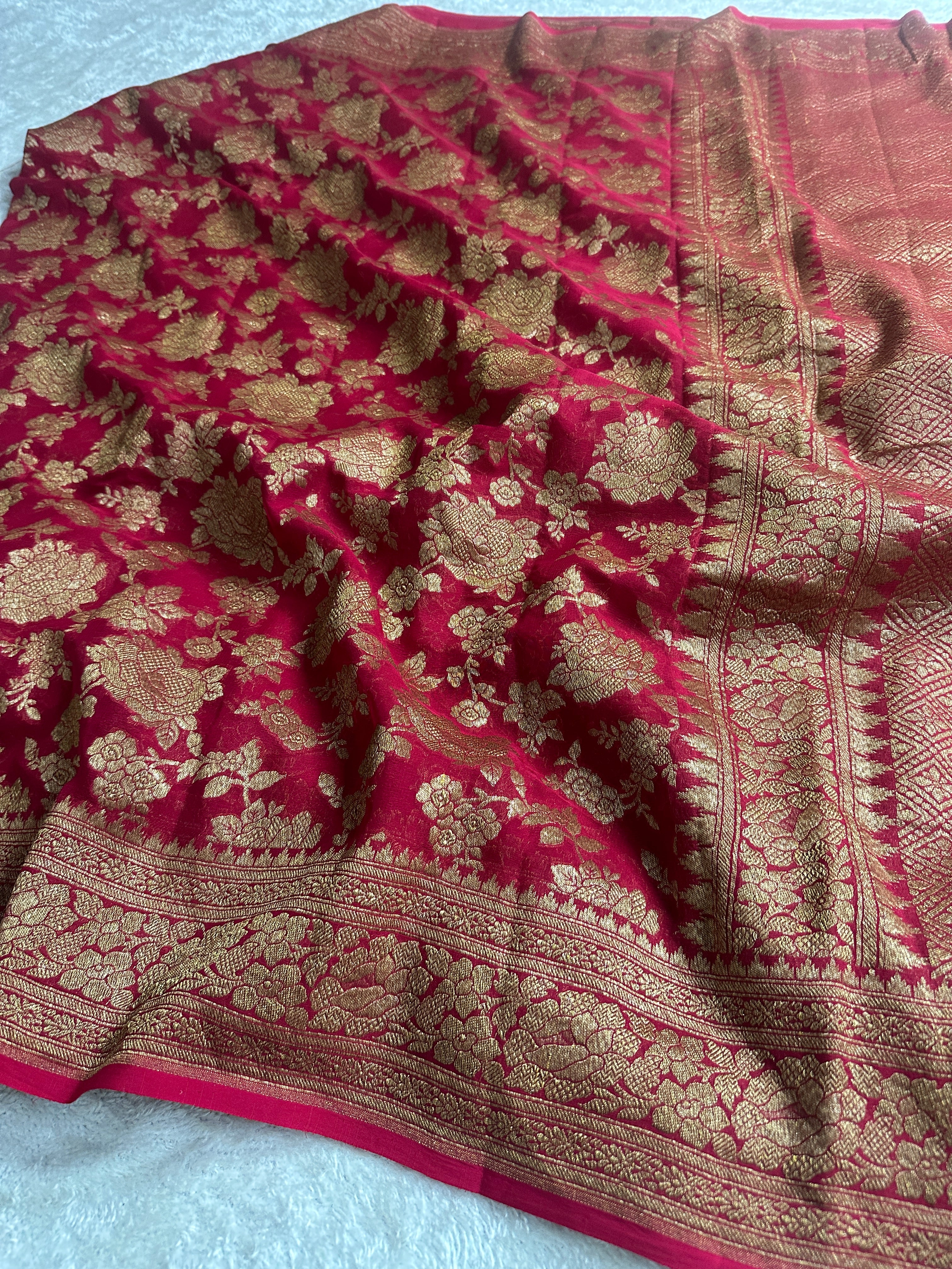 Red Pure Khaddi Georgette Silk Banarasi Saree