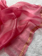 Rose Pink Pure Kora Organza Silk Banarasi Saree