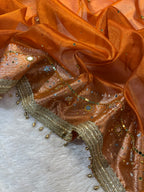 Orange Tissue Silk Banarasi Saree With Ghungroo & Mirror Work Designer Border Lace Saree