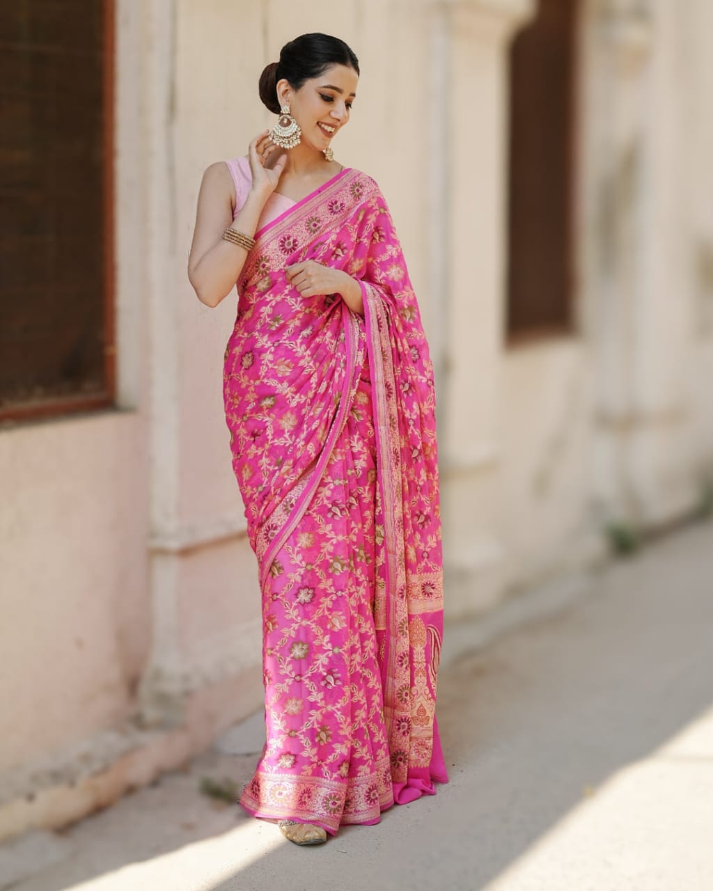 Pink Pure Chiffon Silk Banarasi Saree