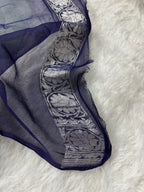 Pista & Navy Blue Pure Khaddi Chiffon Silk Banarasi Saree