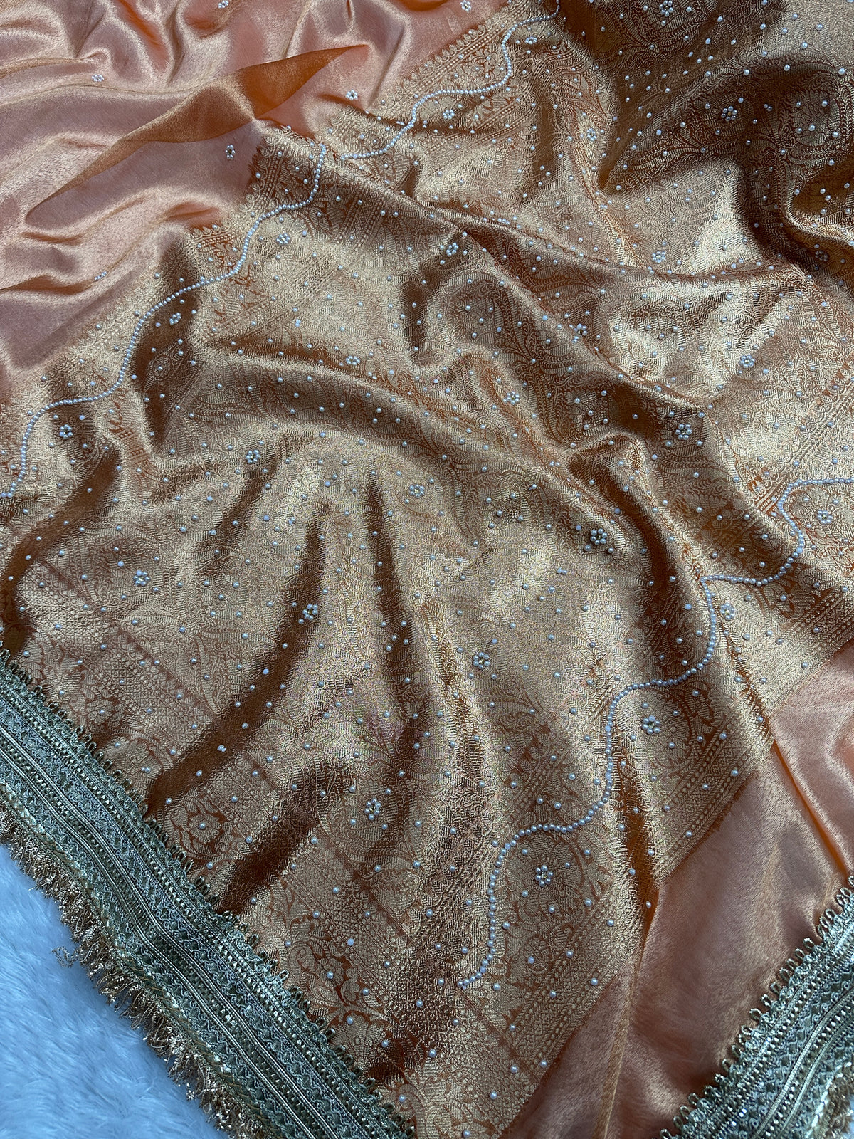 Peach Pearl Work Beautiful lace Border Tissue Silk Banarasi Saree