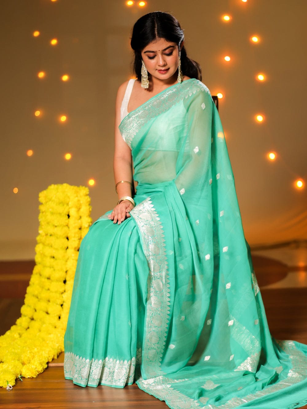 Sea Green Pure Khaddi Chiffon Silk Banarasi Saree