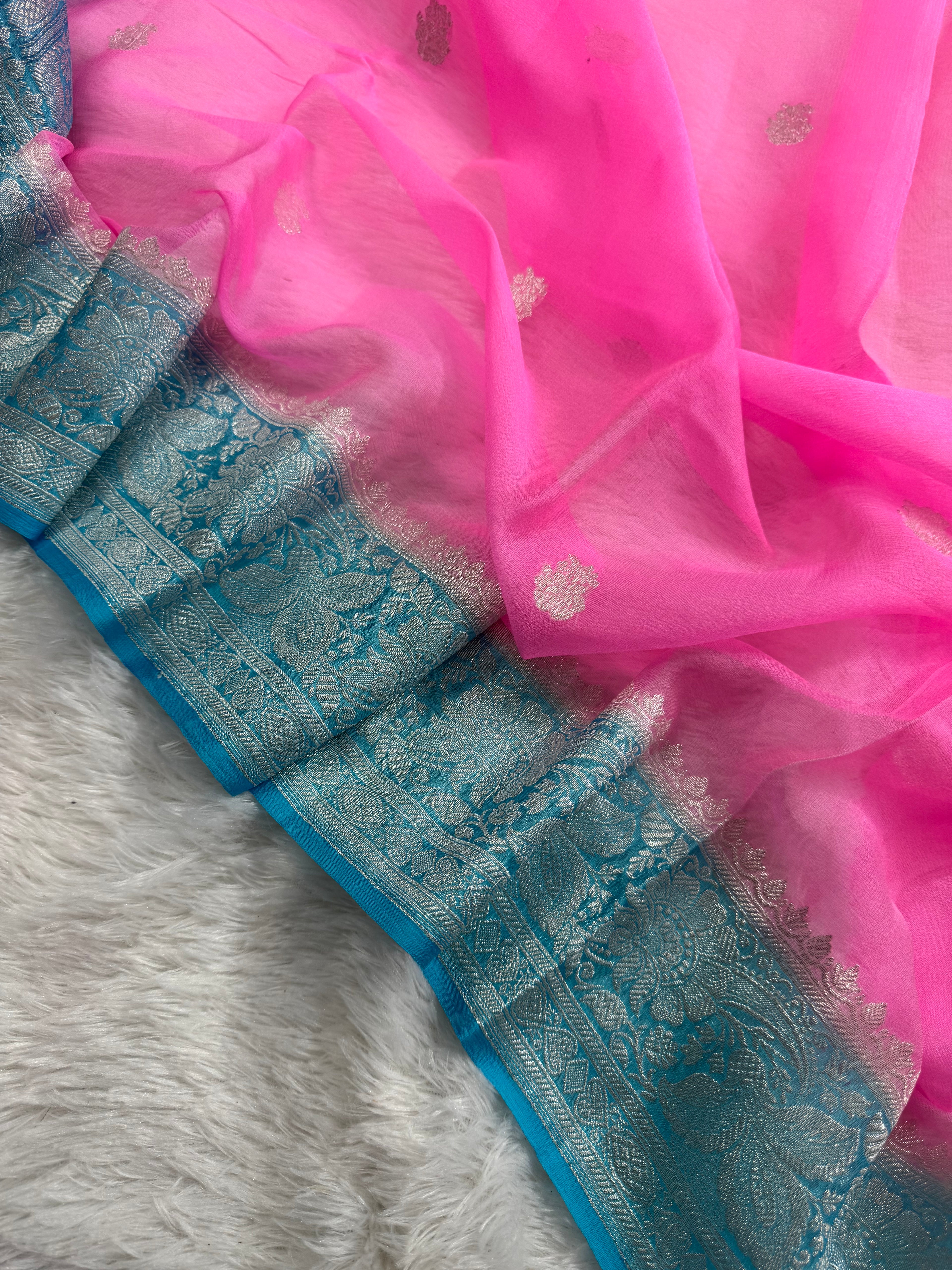 Pink & Firozi Pure Khaddi Chiffon Silk Banarasi Saree