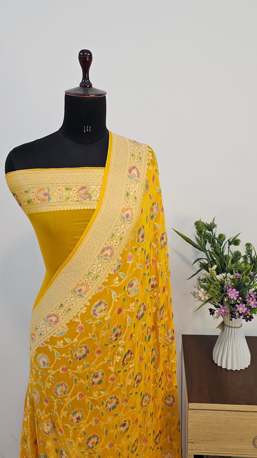Yellow Gold Handbrush Meenakari Pure Khaddi Georgette Silk Banarasi Saree