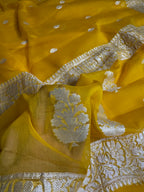 Mustard Yellow Pure Khaddi Chiffon Silk Banarasi Saree